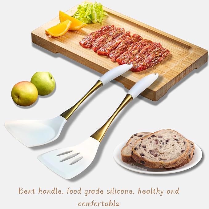 Elegant White Gold Silicone Cooking Utensils Set - Non-Toxic, Dishwasher Safe Kitchen Utensils Set with Heat Resistant Comfort Handles - Includes Spatula & Spoon for Nonstick Cookware