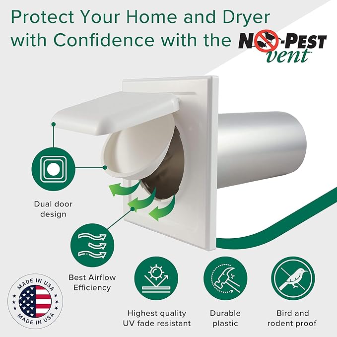 NO-PEST VENT, Exclusive Dual Door Dryer Vent Cover Outdoor 4 inch or Bathroom fan, Made in USA w Highest UV Resistant Plastic in any Outdoor Vent Cover (White, 4 inch With 12" Duct Tube)