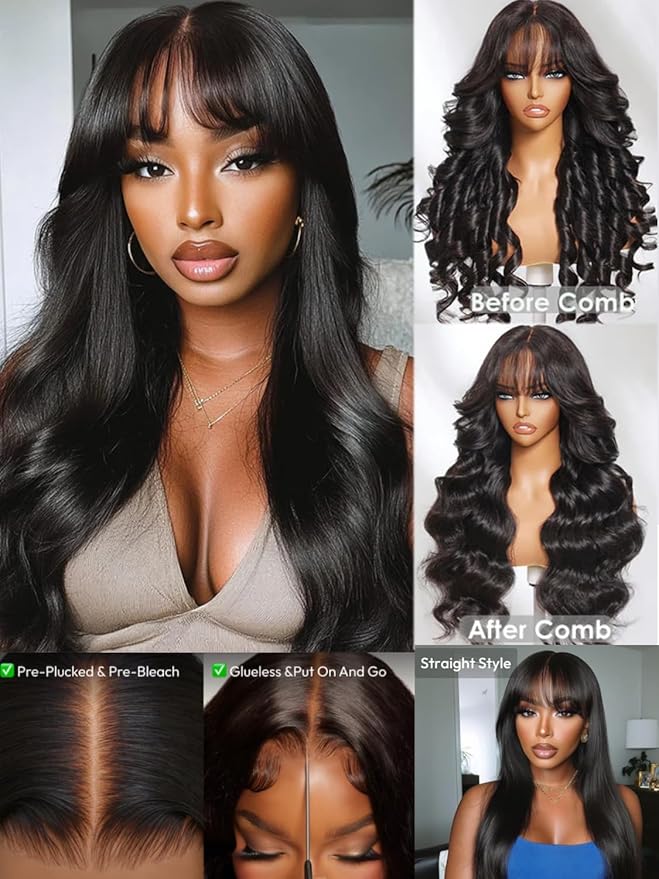 KLAIYI Pre Everything Glueless 13x4 Lace Front Wigs Human Hair Loose Body Wave Bye Bye Knots Pre Cut Lace Pre Bleached Pre Plucked 30S Ready to Wear And Go Frontal Wig with Natural Curtain Bang 26Inch