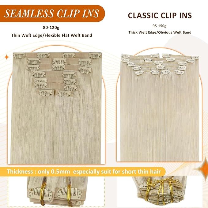 Full Shine Seamless Hair Extensions Real Human Hair Clip ins Platinum Blonde Silky Straight Clip in Hair Extensions Invisible Real Hair 14 Inch 8 PCS 120 Grams