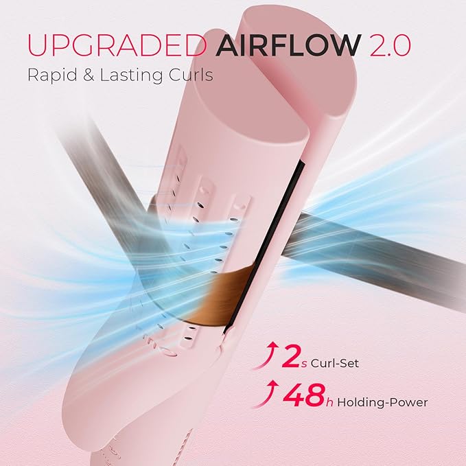 TYMO Airflow 2.0 Curling Iron Flat Iron - Hair Straightener and Curler 2 in 1, 1.25 Inch Curling Wand for Long Short Hair, Dual Voltage for Travel, 54 Million Ionic, Anti-Tangle, 5 Temps, Pink