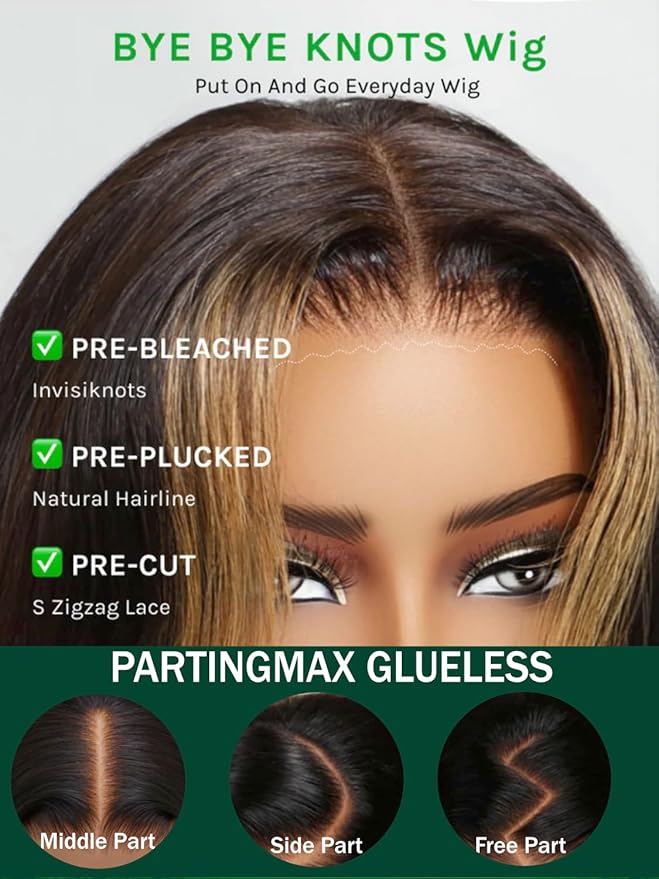 KLAIYI Ombre Highlight Blonde Loose Body Wave Bye Bye Knots Glueless Wigs Human Hair 7x5 Precut Lace Front Pre Plucked Bleached Ready to Wear Go Wig with Face Framing Curtain Bang Caramel Brown 16Inch
