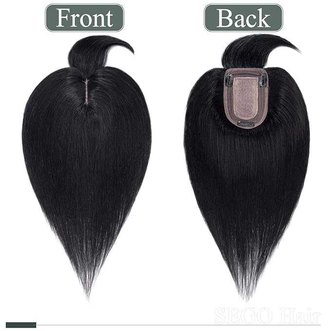 SEGO Hair Toppers for Women Real Human Hair with Thinning Hair, Toppers Hair Pieces Clip in Toppers Straight Hair Pieces with Front Bangs 150% Density Silk Base -14 Inch #1 Jet Black