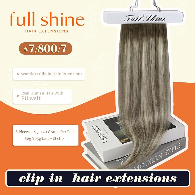 Full Shine Human Hair Clip in Extensions Balayage Human Clip in Hair Extensions Ash Brown Ombre Platinum Blonde Straight Clip ins Softness 14 Inch 8 PCS 120 G