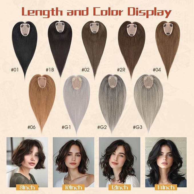 Rich Choices Human Hair Toppers for Women-100% Real Remy Hair Topper No Bang-Upgraded 150% Density 9 * 12CM Lace Base-Clip in Hairs Topper for Thinning Hairs-14Inch #G3 Salt and Pepper Grey