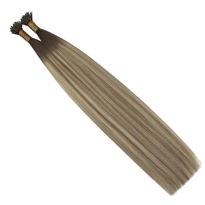 YoungSee I Tip Hair Extensions Human Hair Ombre 24 Inch I Tip Hair Extensions Balayage Light Brown to Brown with Blonde Itip Hair Extension for Office Women 50g 50s Pre Bonded Hair Extension