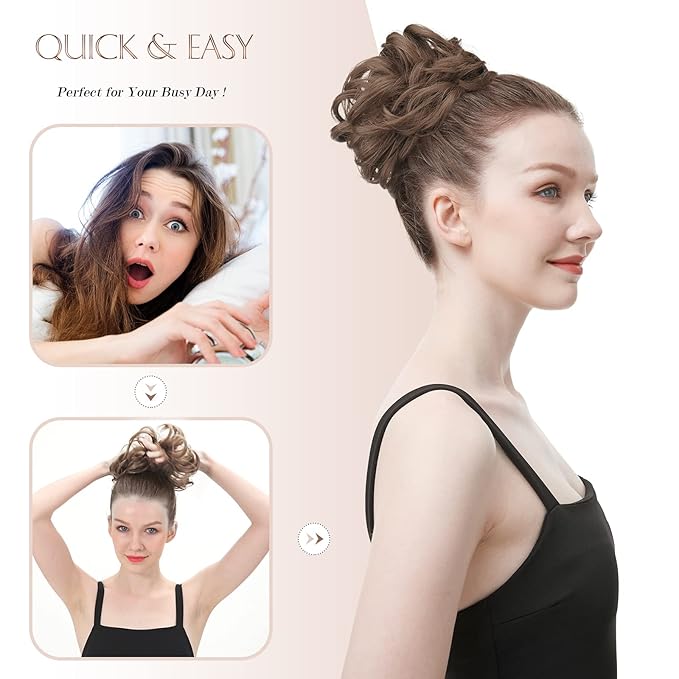 FESHFEN Messy Bun Hair Piece - Large Elastic Wavy Curly Hair Bun Scrunchies Ponytail Extensions Synthetic Chignon Hairpieces for Women, Medium Chestnut Brown 1.94oz