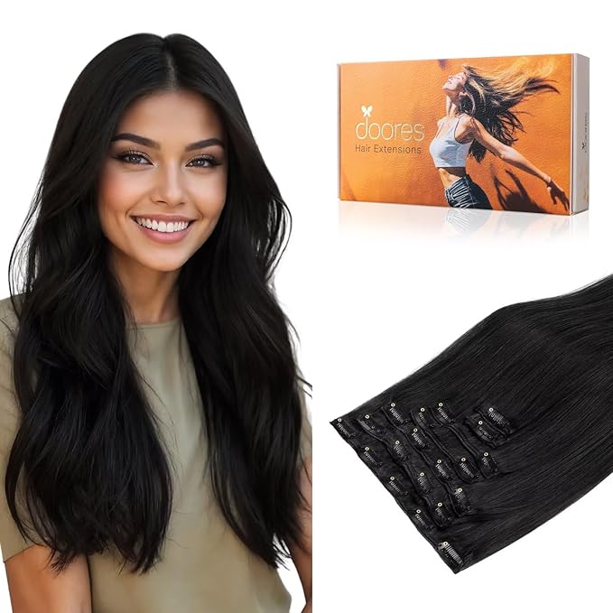 DOORES Hair Extensions Real Human Hair, Jet Black 12 Inch 7pcs 80g, Natural Clip in Extensions Silky Straight Weft