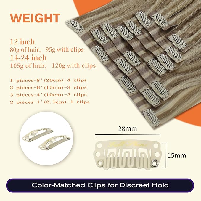 Full Shine Human Hair Clip in Extensions Balayage Seamless Hair Extensions Clip ins Golden Blonde Mix Light Blonde Real Hair Extensions for Women 18 Inch 8 PCS 120 G