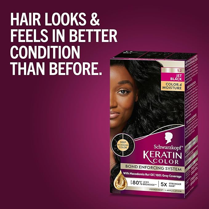 Schwarzkopf Keratin Permanent Hair Dye Cream, 1.2 Jet Black, Professional Quality Color for Up to 100% Gray Coverage, Bond Enforcing System