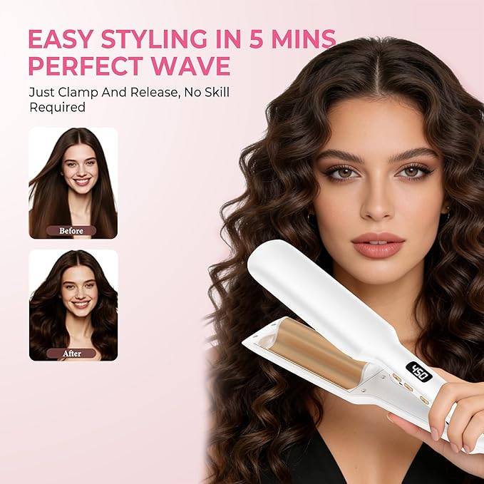 Hair Crimper Waver Curling Iron, 1/2 Inch Beach Waves Curling Wands, Ceramic 2 Barrels Deep Waver, Dual Voltage Hair Culer Tools with EU/UK Plug Adapter,12 Temps, 30S Heat up, Auto-Off (White Gold)