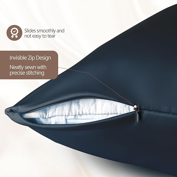 Silk Pillow Cases - 6A Luxury 100% Mulberry Silk Pillowcase for Hair and Skin - Anti-Wrinkle, Cooling & Smooth, Hidden Zipper - Pillowcases for Sleeping Women (Navy Blue, Standard)