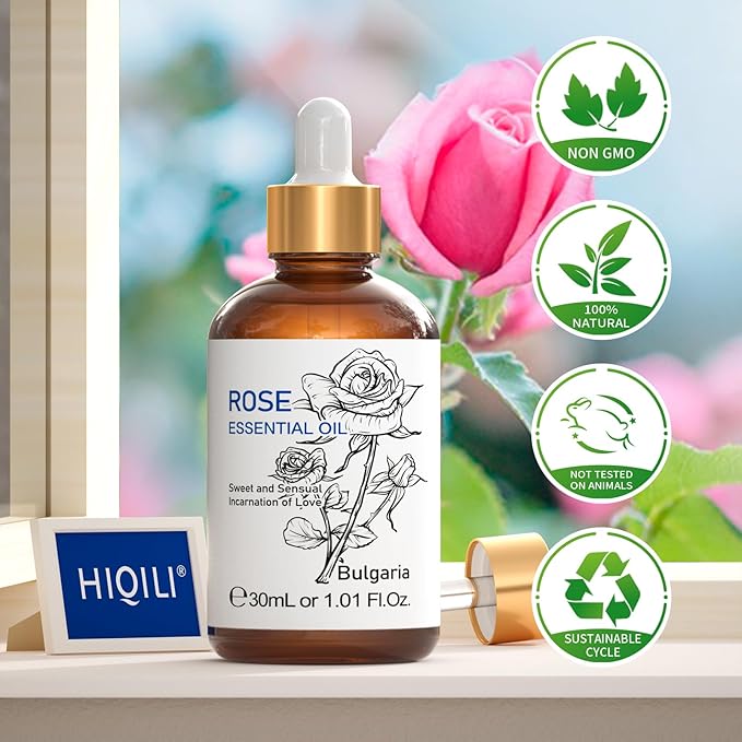 HIQILI Rose Essential Oil 1 Fl Oz, 100% Natural Therapeutic Grade for Aromatherapy, Diffuser, Skin Care, Massage, Includes Premium Quality Glass Dropper
