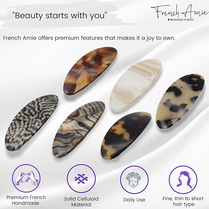 French Amie Oval Mini Silver Grey Opera Tokyo White Tokyo Amber Brown Ivory Set of 6 Onyx Handmade Celluloid Hair Clip Barrette for Girls (2.5 inch)