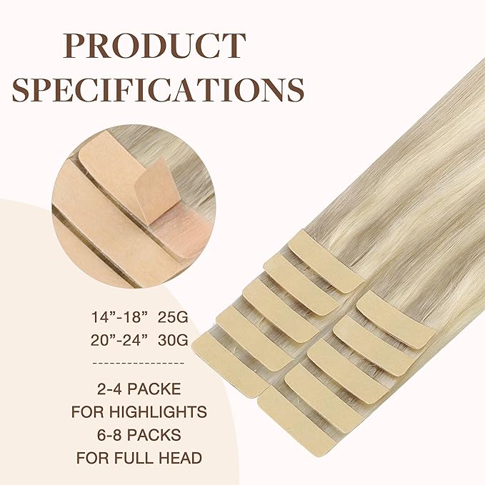GOO GOO Tape in Hair Extensions Human Hair, 17A/60A Ash Blonde Highlighted Platinum Blonde, 24inch 30g 10pcs, Skin Weft Seamless Invisible, Silky Straight with Thick Ends, Remy Human Hair