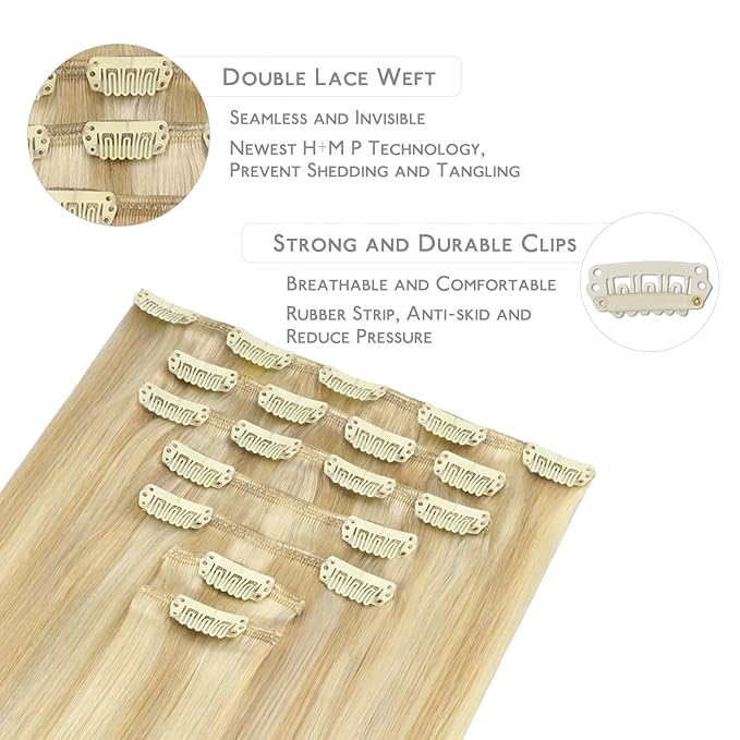 WENNALIFE Clip in Human Hair Extensions, 16 Inch 120g 7pcs Light Blonde Highlighted Golden Blonde Hair Extensions Clip In Human Hair Remy Clip in Real Human Hair Double Weft