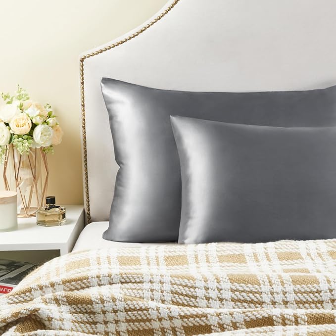 BEDELITE Satin Pillowcase for Hair and Skin, Super Soft and Cooling Similar to Silk Pillow Cases 2 Pack with Envelope Closure, Gift for Women Men(20"x26" Standard Size, Dark Grey)