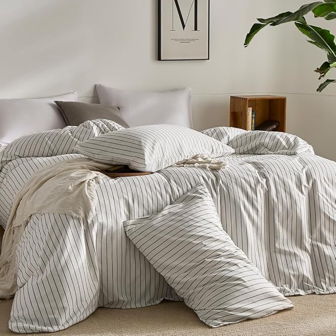 JELLYMONI 100% Natural Cotton Striped Standard Pillowcases Set, 2 Pack White with Thin Gray Vertical Stripes Pattern Printed Pillow Covers with Envelope Closure (Pillows are not Included)