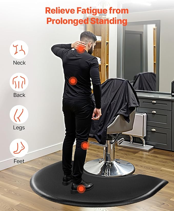 VEVOR Salon Mat for Hair Stylist, 3 x 4 FT Semi-Circle Salon Chair Mat, 1-inch Thickened Anti Fatigue Barber Shop Floor Mat with Round Cut Out, Easy-to-Clean PVC Surface & Anti-Trip Beveled Edges