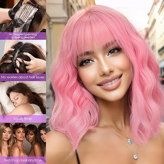 AISI HAIR Curly Bob Wig with Bangs Short Wavy Pink Color Wigs for Women Bob Style Synthetic Heat Resistant Bob Wigs