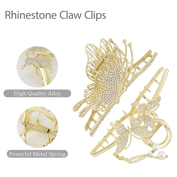 2PCS Gold Double Butterfly Rhinestone & Pearl Claw Clips, Bling Large Hair Clips for Women Thick Hair, Chic Hair Accessories