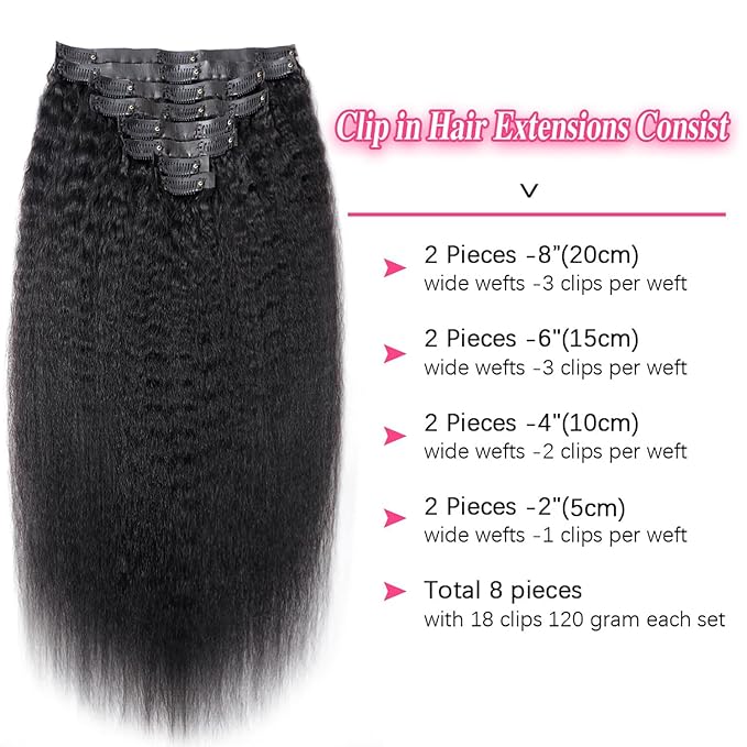14 Inch Seamless Clip ins Real Human Hair PU Weft Kinky Straight Clip ins #1B Natural Black Color Clip in Hair Extensions 8pcs with 18Clips Per Set 120g