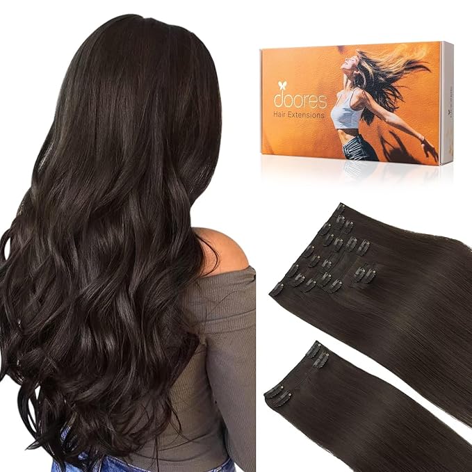 DOORES Clip in Hair Extensions, Dark Brown 150g 9pcs 24 Inch, Remy Hair Extensions Clip in Human Hair Natural Hair Extensions Extensions for Women Clip in Thick Silky Straight Hair Extensions
