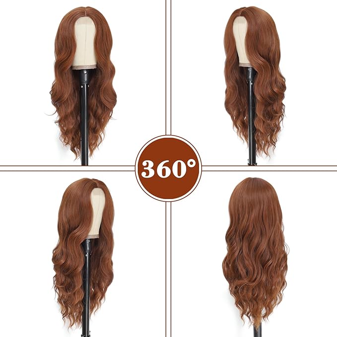 NAYOO Long Auburn Wavy Wig for Women 26 Inch Middle Part Curly Wavy Wig Natural Looking Synthetic Heat Resistant Fiber for Daily Party Use(26Inch Auburn)