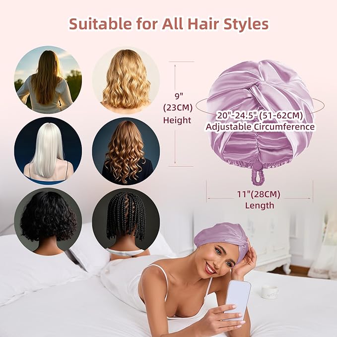 Adjustable Silk Satin Hair Bonnet for Sleeping Women, Double Layer, Silk Hair Wrap for Sleeping Women Men, Curly Natural Braid Straight Unisex - Lavender