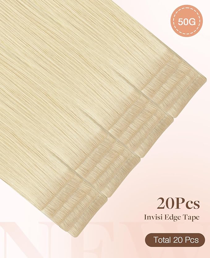 GOO GOO Invisi Edge Tape in Hair Extensions Human Hair, 613R Bleach Blonde, 20pcs 24inch 50g, Virgin Remy Hair, Seamless Injected Tape, Natural Look