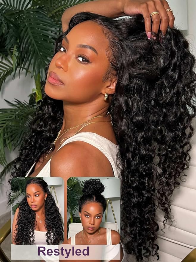 YIROO Bye Bye Knots Glueless Water Wave and Jerry Curly Drawstring Wig Human Hair, 7x5 Pre Cut Lace Front Glueless Wigs Pre Bleached Pre Plucked Wear and Go Wig for Women 150% Density 24Inch