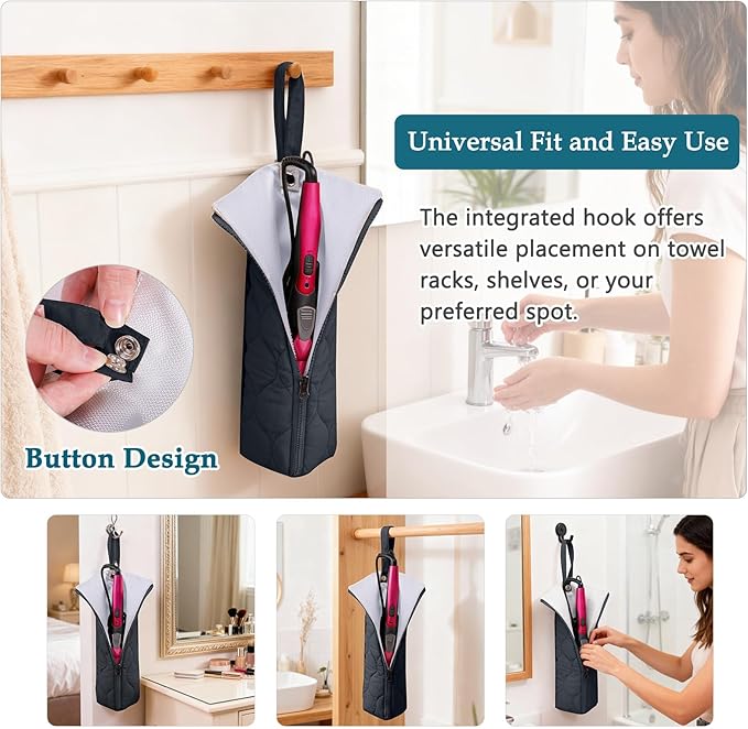 Heat Resistant Hair Tool Organizer Bag with Hanging Loop, Portable Travel Case for Flat Irons, Curling Irons, Hair Straighteners & Hot Styling Tools, 13.5" Heat-Proof Storage Cover with 2 Pockets