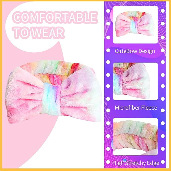 WSYUB Spa Headband and Wrist Bands, Makeup Headband and Wrist Towels for Washing Face, Fuzzy Bow Headbands, Soft Facial Head Bands, Shower Skincare Hair Sleepover Party Supplies