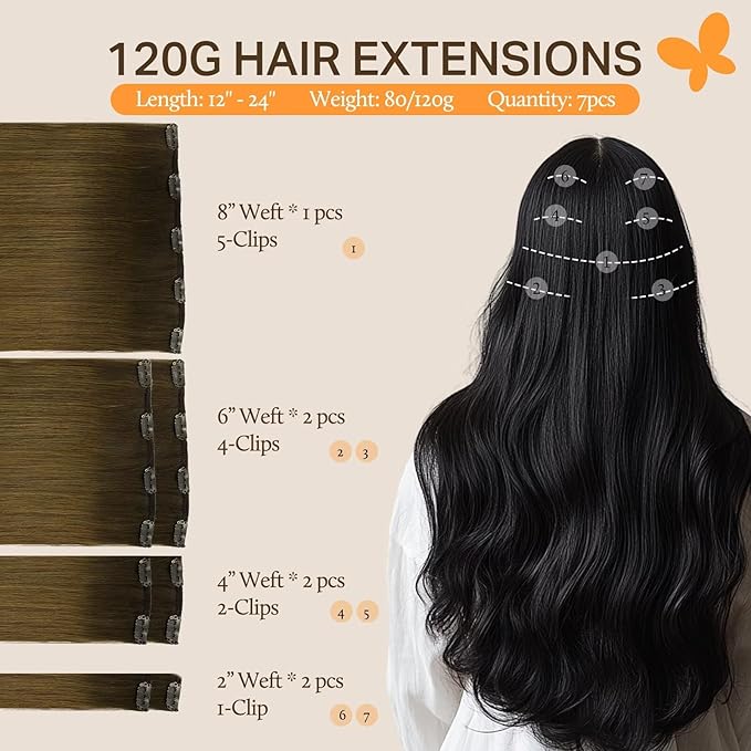 DOORES Clip in Hair Extensions Real Human Hair, Chocolate Dip Color Melt 24 Inch 7pcs 120g, Remy Hair Extensions for Women Straight Extensions Human Hair Natural Thick Hair