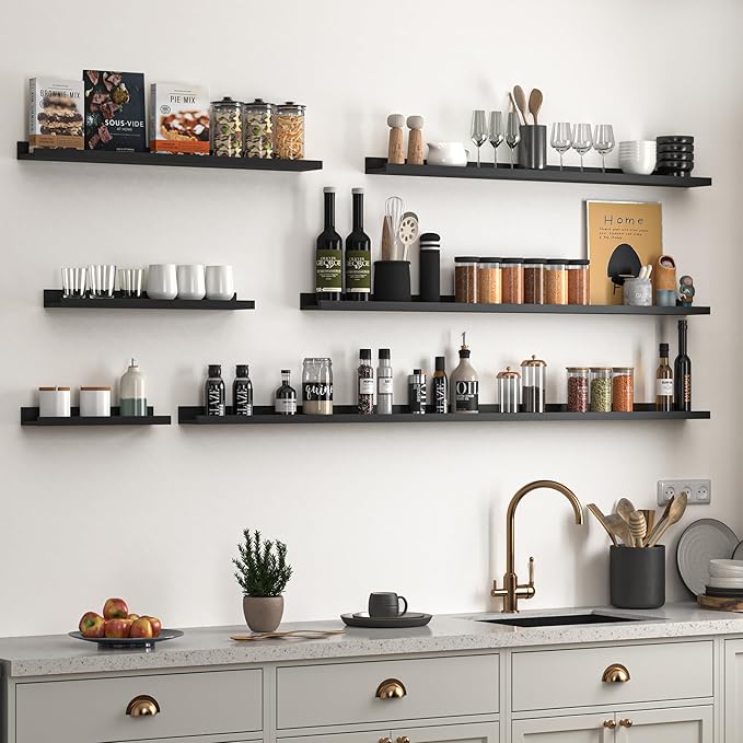 Heimlove Picture Ledge Shelf, Floating Shelves Set of 2, 36 Inches Picture Shelf for Wall with Ledge, Kids Bookshelf Wall Mounted for Living Room Bedroom Decor Books Photo Frames - Black