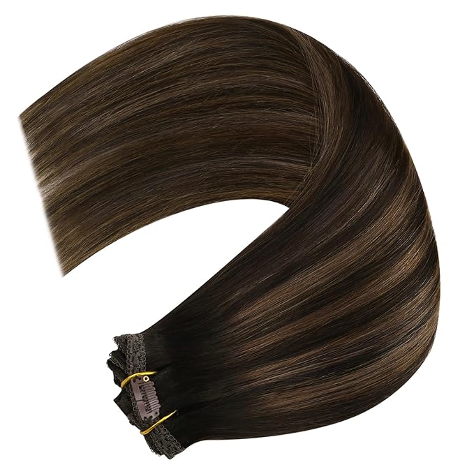 YoungSee Clip in Human Hair Extensions Dark Brown Balayage Medium Brown Clip in Hair Extensions Human Hair Ombre Straight Hair Extension Clip ins 18In 120G 7Pcs