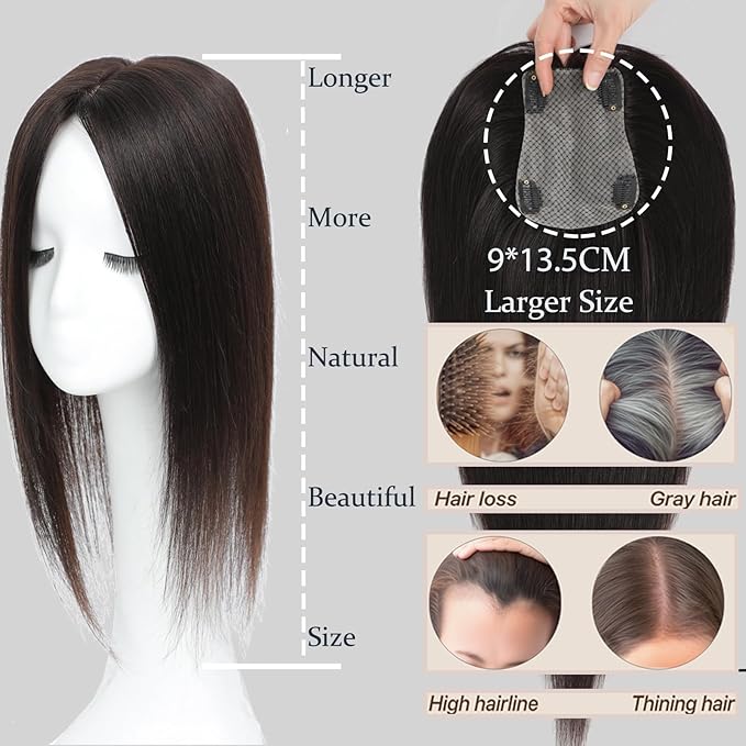 Hair Toppers for Women Real Human Hair, 360° 3D Human Hair Toppers for Women with Thinning Hair Upgrade Middle Part Clip in Bangs (Mocha Brown NEW, 16 Inch-3D-Side)