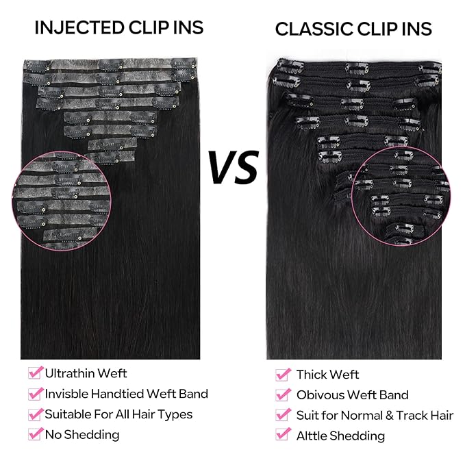 Injected Clip in Hair Extensions Real Human Hair Invisible Hand-Tied Weft Hair Extensions Clip in Human Hair Straight Seamless Clip ins for Women 8Pcs 120g 22inch #1B Natural Black