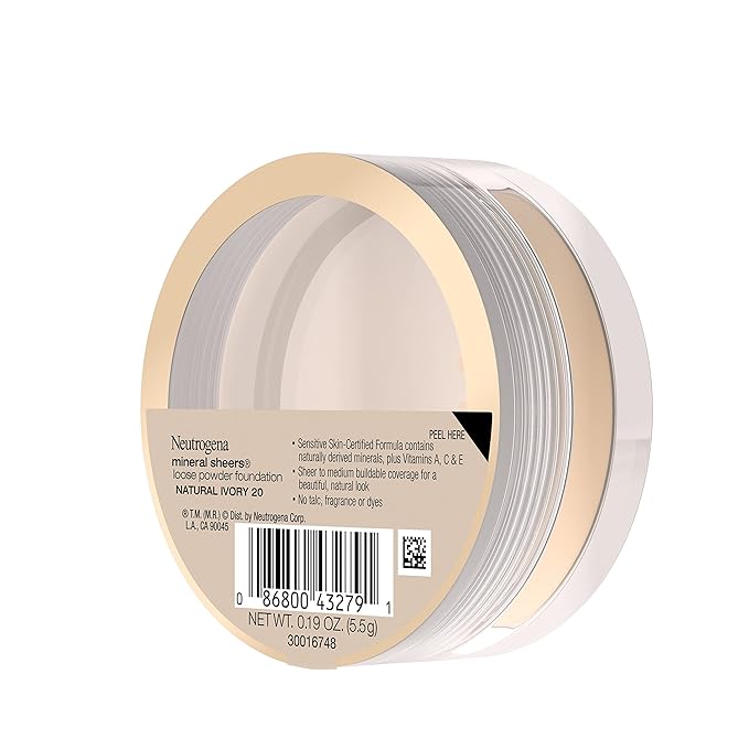 Neutrogena Mineral Sheers Lightweight Loose Powder Makeup Foundation with Vitamins A, C, & E, Sheer to Medium Buildable Coverage, Skin Tone Enhancer, Face Redness Reducer, Natural Ivory 20,.19 oz