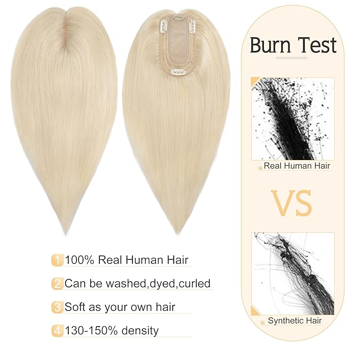 SEGO Human Hair Toppers for Women With Thinning Hair, 7 * 13CM Silk Base 100% Real Human Hair Clip in Top Wiglet Hairpieces /8 Inch No Bangs Platinum Blonde