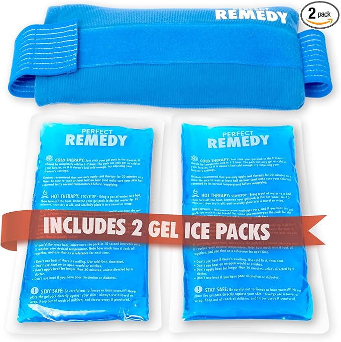 Perfect Remedy 2-Pack Gel Ice Packs for Injuries with Strap Cover, Flexible Hot Cold Compress, Soothing Soft Ice Packs for aid in Injuries Conditions, Alternative to Hot Water Bottles (Blue, Regular)