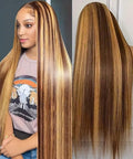 34 Inch Honey Blonde Ombre Lace Front Wig Human Hair 200 Density 13x6 HD Lace Frontal Wigs Pre Plucked Highlight Brown 4/27 Colored Straight Wigs Human Hair Pre Plucked Tangle-Free