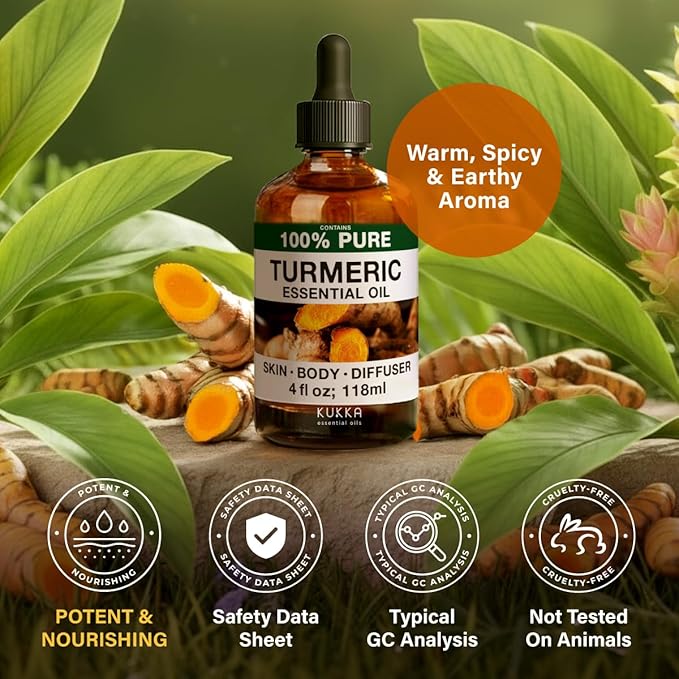 KUKKA Turmeric Essential Oils - 4 Fl Oz - for Hair, Skin, Diffuser, Aromatherapy & DIY Soap Making Scent
