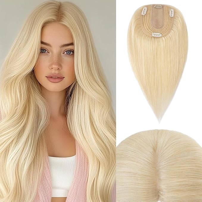 Rich Choices Hair Toppers for Women Real Human Hair 100% Human Remy Toppers NO Bangs for Women with Thinning on Top Clip in Hairpiece 4"x4.7"Lace Base 10 Inch #613 Bleach Blonde