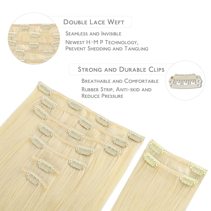 WENNALIFE Clip-in Hair Extensions, 150g 16 Inch 9pcs Bleach Blonde Human Hair Extensions Thicker Real Human Hair Clip Set Double Weft