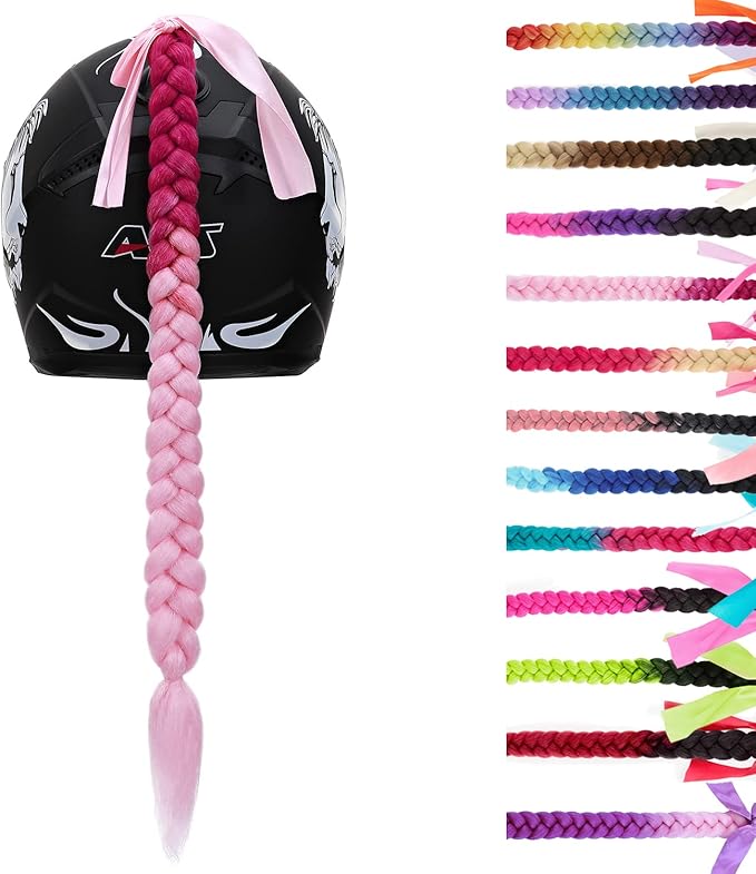 SEGO 1PCS/2PCS Helmet Pigtail Braids with Detachable Suction Cup Bowknot Ponytail Hair Many Colors (Helmet not Included)