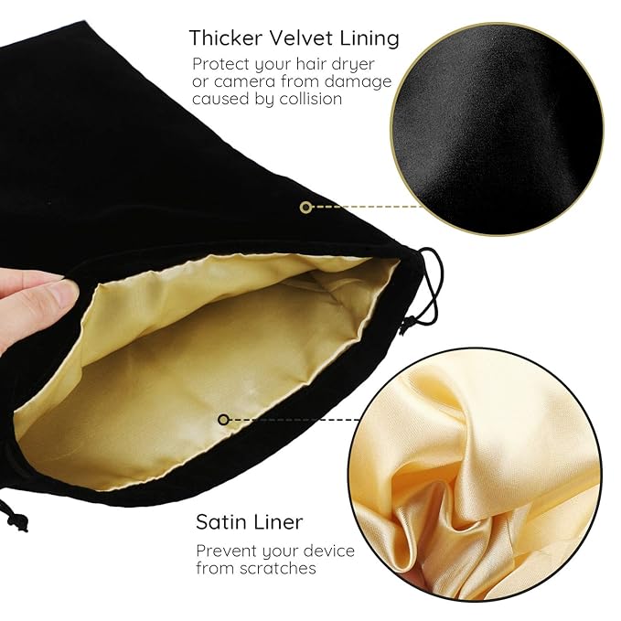Segbeauty 3 Packs Hair Dryer Storage Bag, Blow Dryer Bag Velvet Bag with Drawstring 11.8x15.7 inches Travel Stain Lined Pouch Black Packing Organizer Bag for Diffuser, Straighteners, Clothes
