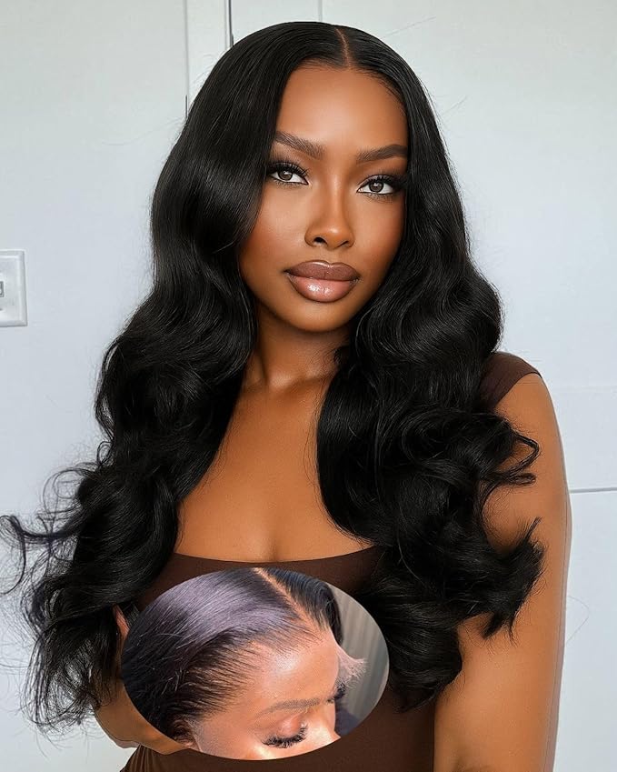 9x6 SKINLIKE Real HD Lace Closure Wig, Body Wave 180% Density 0.10mm Ultra-thin Swiss Lace Pre-plucked Bleached Small Knots With Baby Hair Natural Black Human Hair Wigs 26Inch