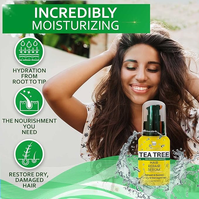 Tea Tree Oil Hair Serum - Moisturizer Treatment for Fighting Dandruff and Repair Dry, Damaged Hair and Itchy Scalp - Care and Styling Products for Women and Men - With Anti Frizz Keratin for Shine