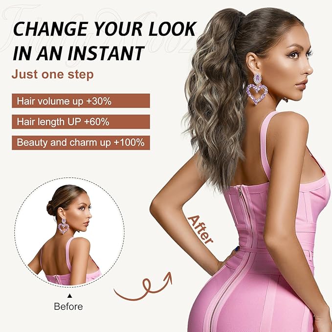 FLUFYMOOZ Ponytail Extension, 18 Inch Claw Clip Ponytail Extension, Wavy Curly Claw Clip in Ponytail Hair Extensions, Natural Ponytail Synthetic Hairpiece for Women (Chocolate Brown to Light Brown)
